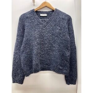 GAS The Great American Sweater Mens Navy Blue Marl V-Neck Fuzzy Knit Pullover